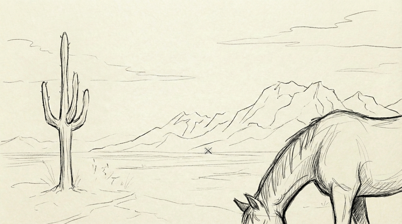 Desert landscape sketch — cactus, mountains, horse